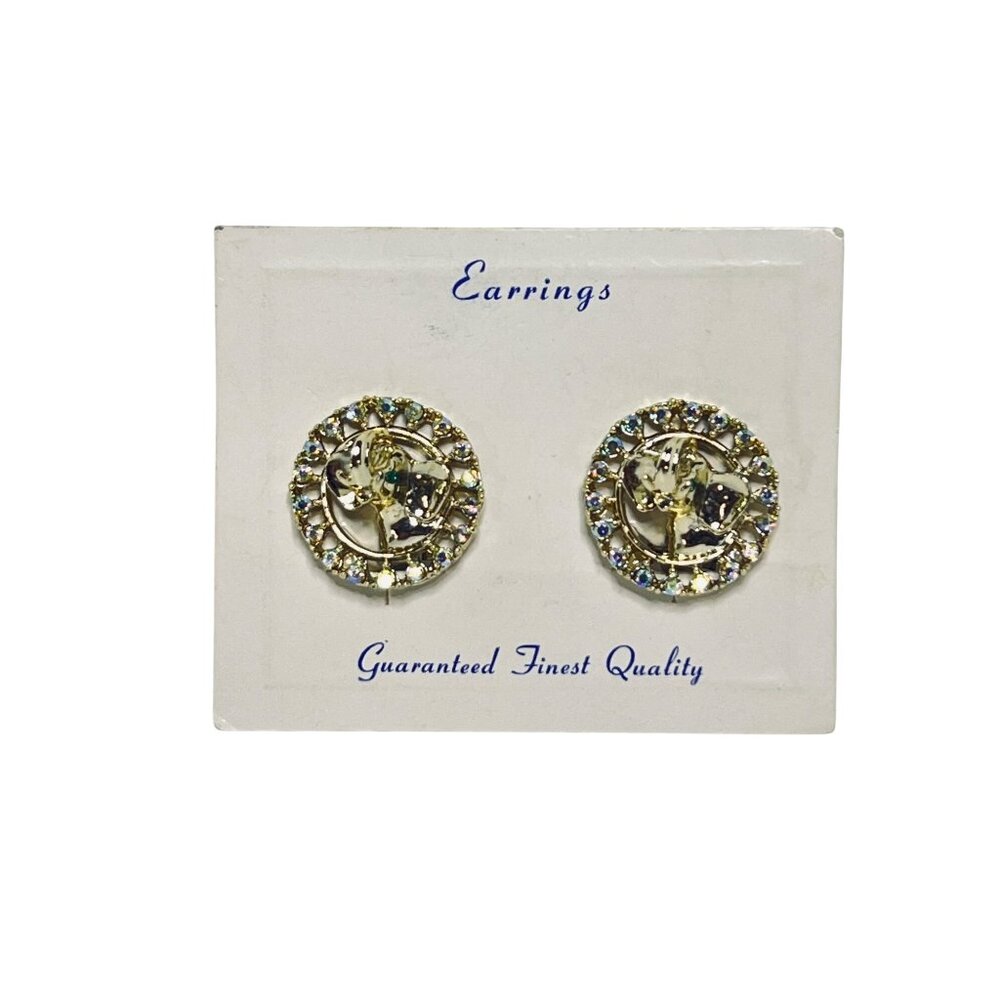 Vintage Elephant Gold Tone And AB Rhinestone Clip On Earrings (6176)